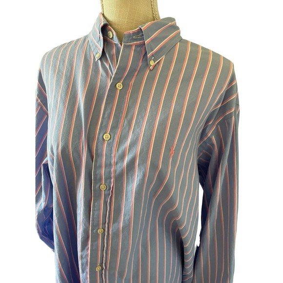Ralph Lauren Mens Button Up Shirt Size 17 Neck 32/33 Sleeve Blue Pink Stripe - Picture 1 of 7